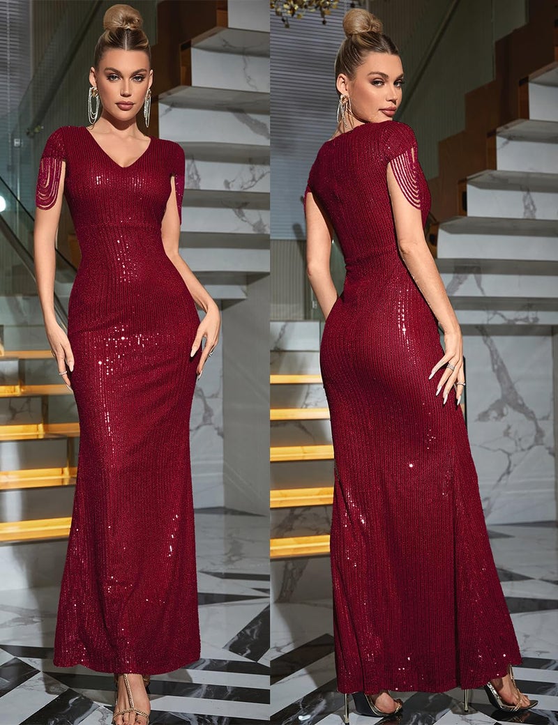 Meilun Women's V Neck Sequin Formal Evening Dress Tassel Bead Sleeve Mermaid Long Gown 1920S Party Maxi Military Dress (Wine, M) - Image 3